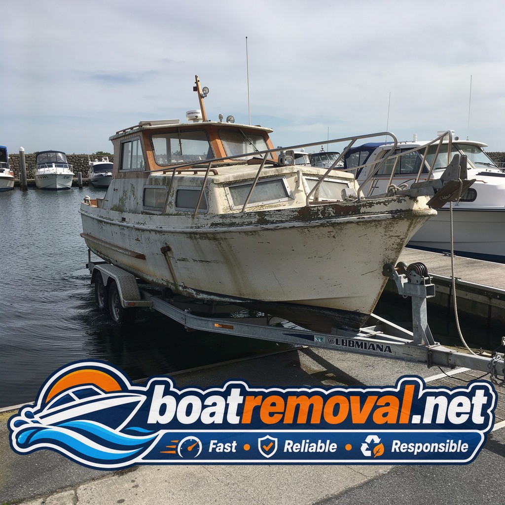 Same cabin cruiser loaded onto a trailer at a marina boat ramp