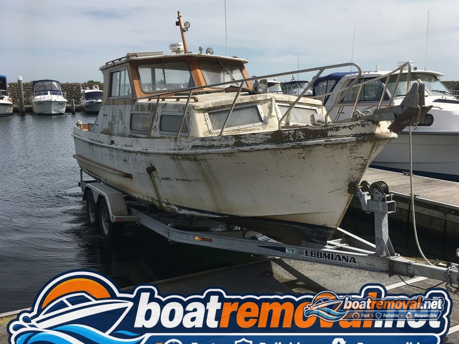 Poulsbo, WA: 26-foot Chris-Craft cabin cruiser loaded for removal Same cabin cruiser loaded onto a trailer at a marina boat ramp