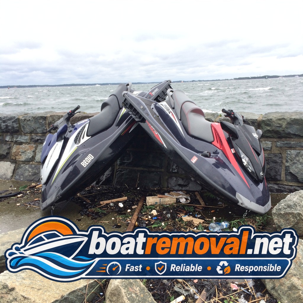 Two personal watercraft wedged against a seawall after a storm near Wareham, Massachusetts