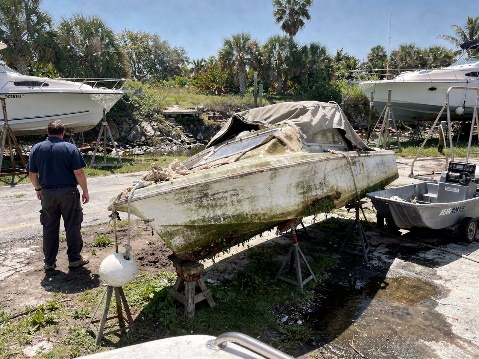 21 ft Thompson 21 from Richmond West, FL on stands at a repair yard after the recovery