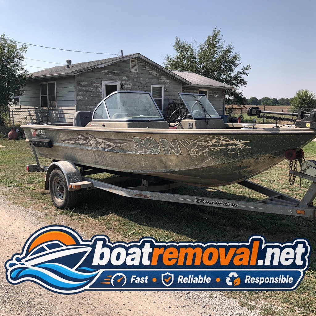 Bass boat with faded graphics sitting on a trailer near a rural house