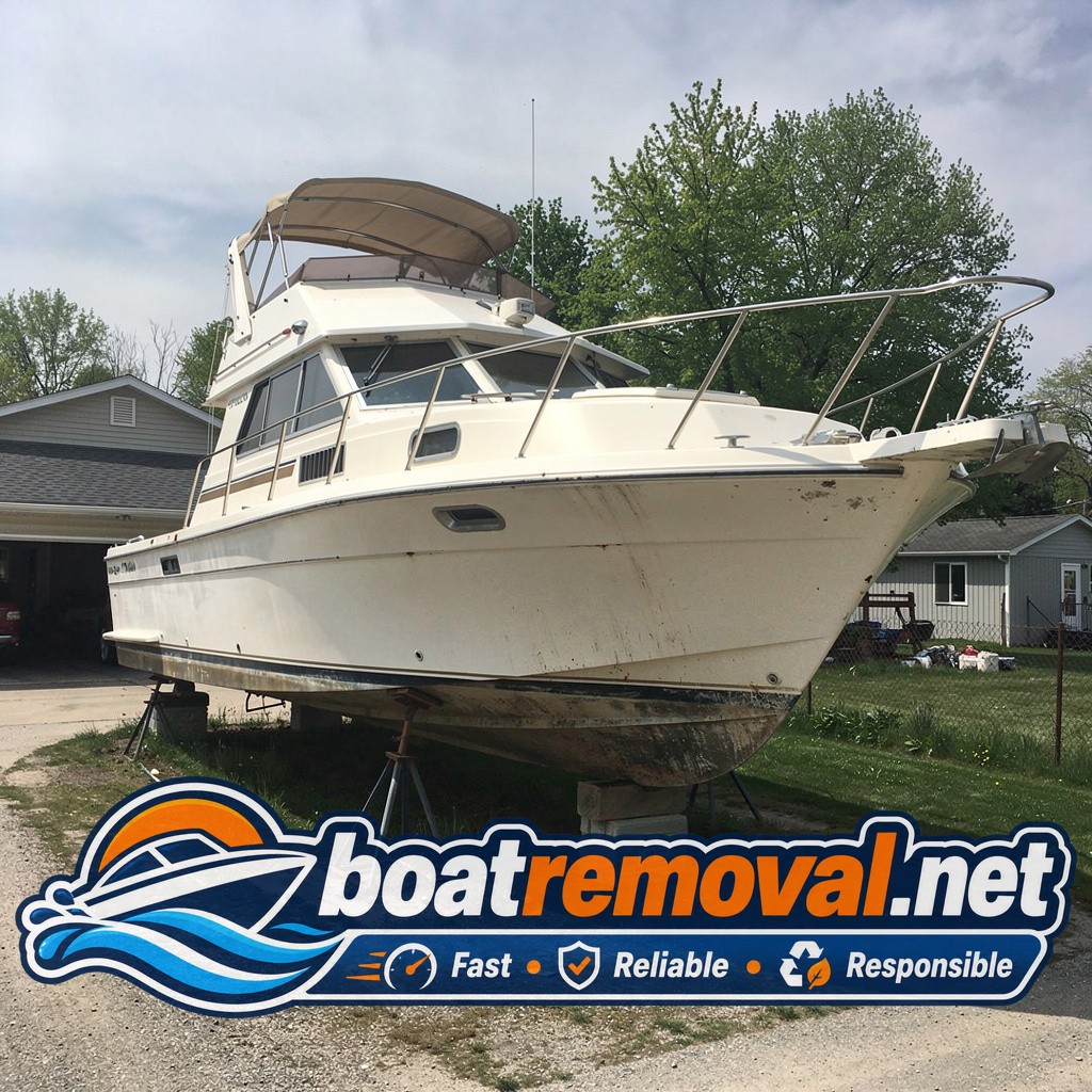 34-foot Carver cabin cruiser stored on blocks near a Rockford, Michigan property before removal