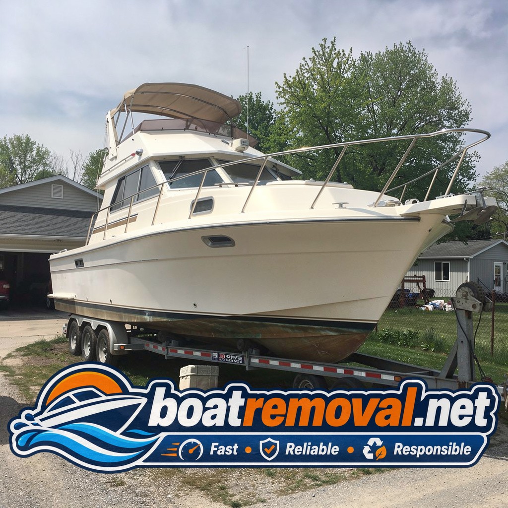 Same Carver cabin cruiser loaded onto a heavy trailer for transport out of Rockford
