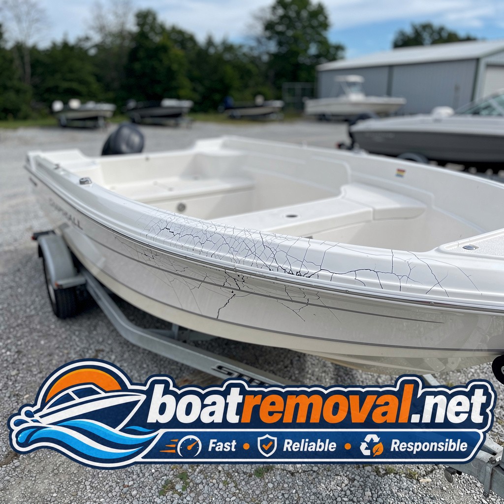 22-foot Chaparral with cracked gelcoat sitting in a gravel storage lot near Bentonville, Arkansas