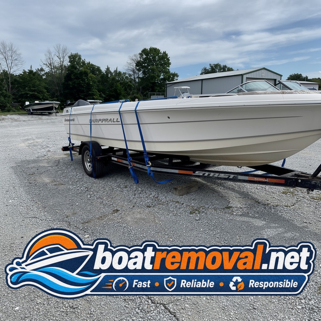 Chaparral boat loaded onto a trailer after removal from a storage lot near Bentonville, Arkansas