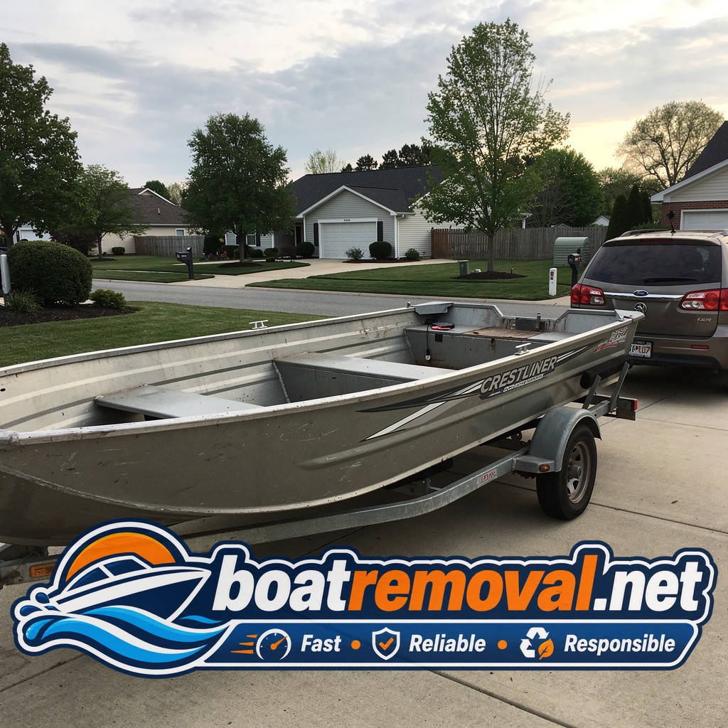 16-foot Crestliner aluminum fishing boat sitting uncovered in a driveway in Smyrna, Delaware