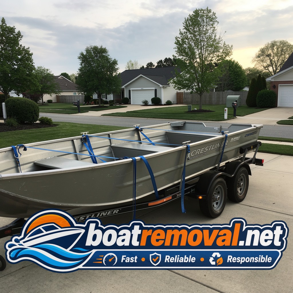 Crestliner aluminum boat loaded onto a trailer after driveway pickup in Smyrna, Delaware