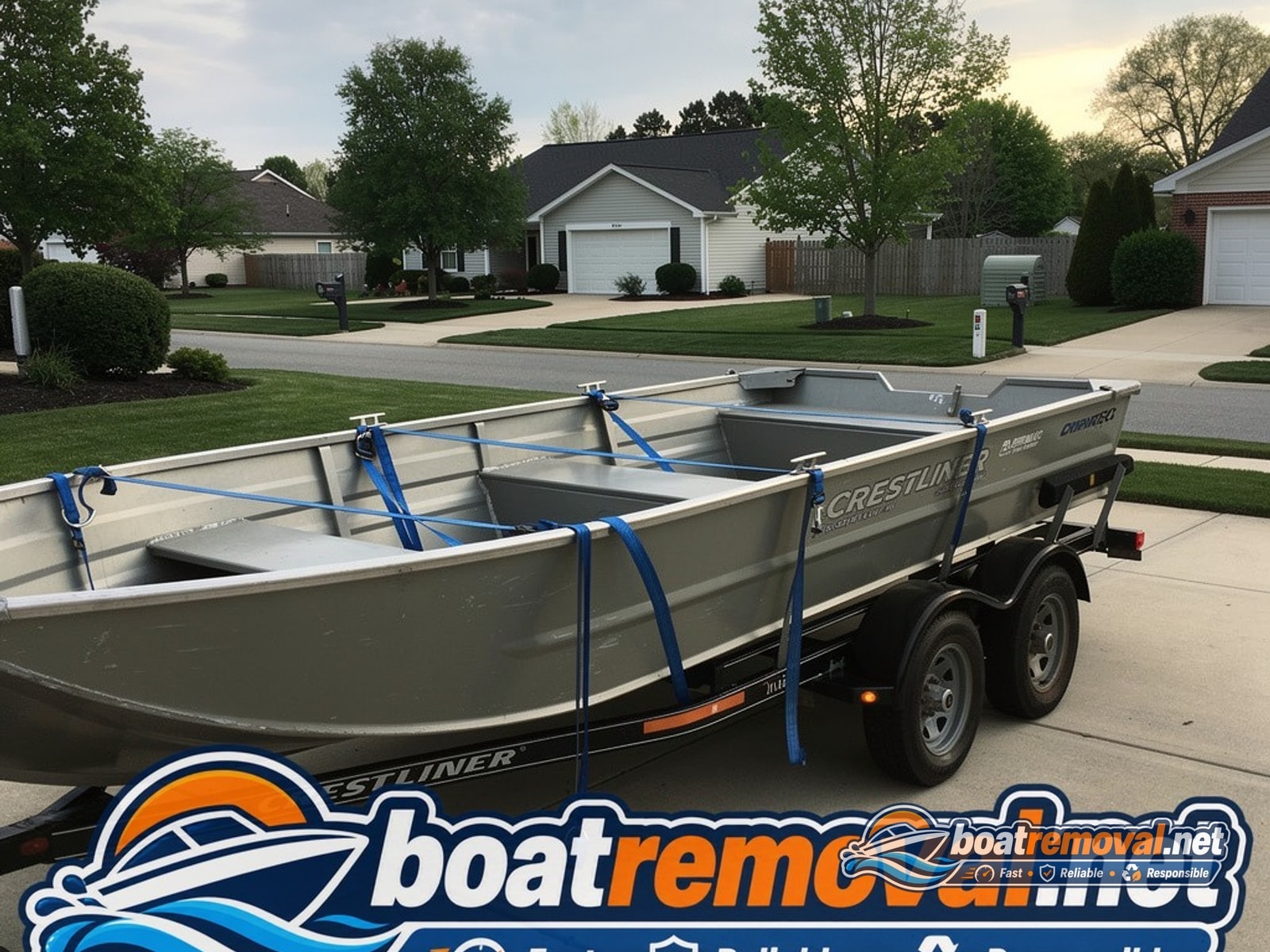 Smyrna, DE: 16-foot Crestliner aluminum fishing boat loaded for removal Crestliner aluminum boat loaded onto a trailer after driveway pickup in Smyrna, Delaware