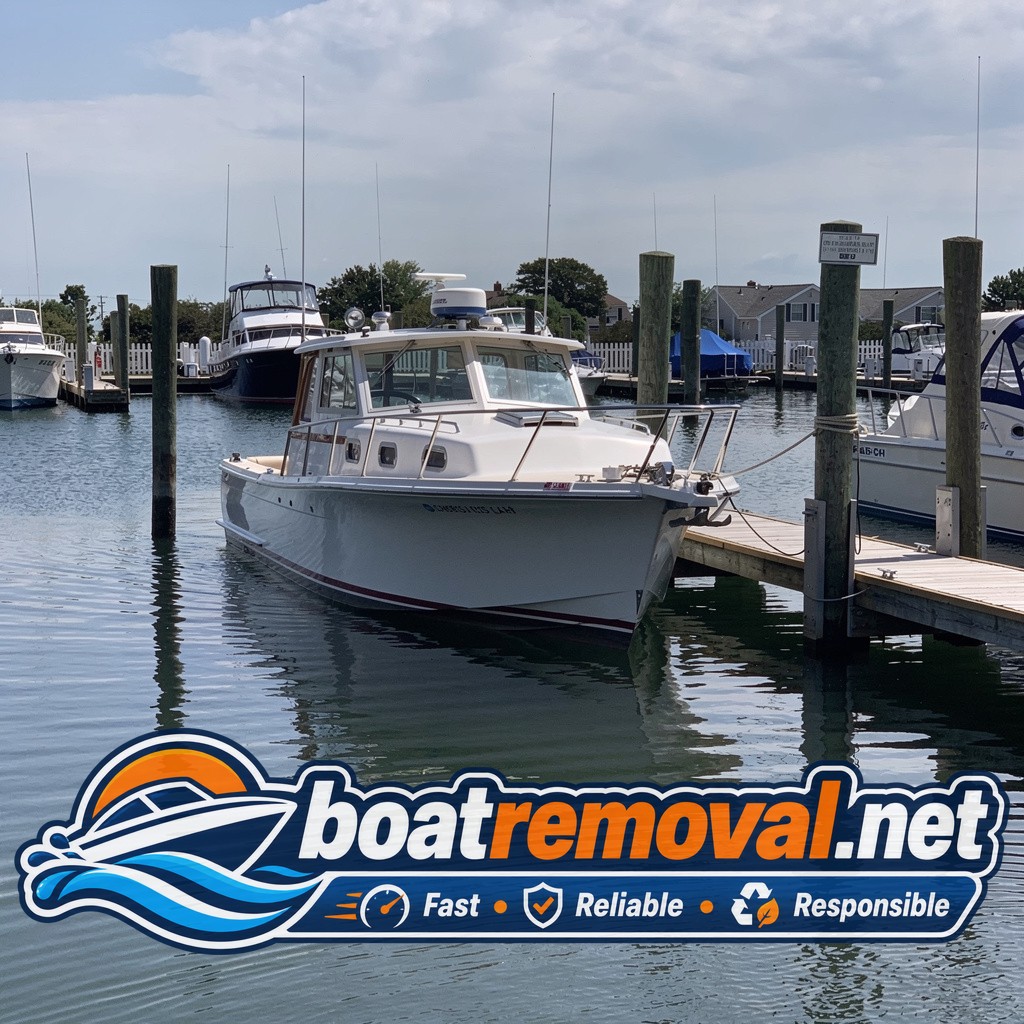 34-foot Chris-Craft motor yacht sitting in a marina slip in Somers Point, New Jersey before removal