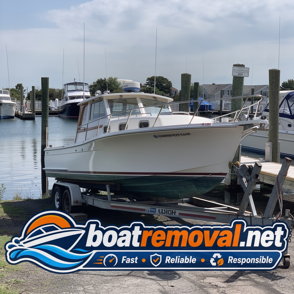 Same Chris-Craft motor yacht blocked on a heavy trailer after being pulled from the slip