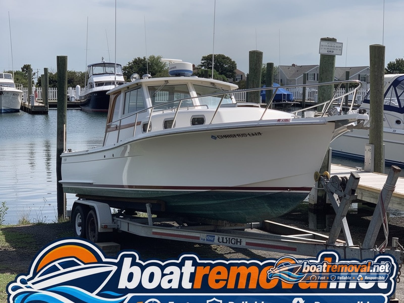 Somers Point, NJ: 34-foot Chris-Craft motor yacht loaded for removal Same Chris-Craft motor yacht blocked on a heavy trailer after being pulled from the slip