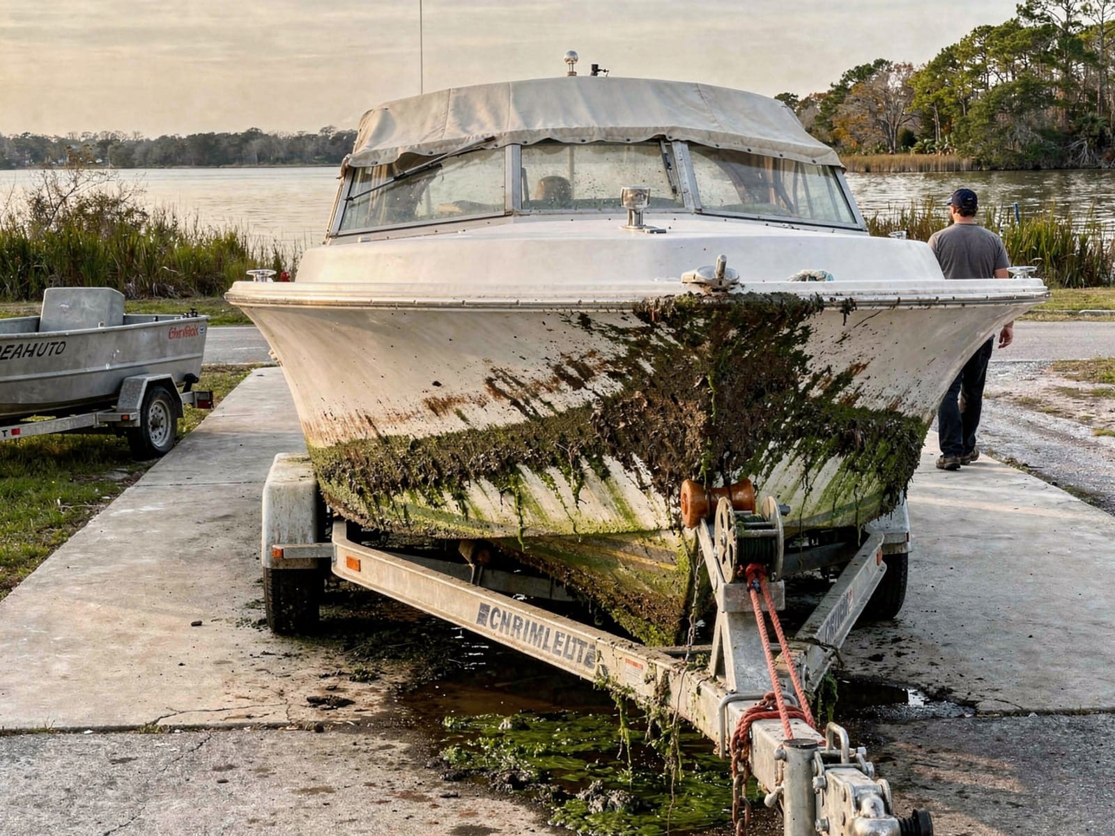 23 ft Chris-Craft Cavalier pulled out on a trailer at a St Petersburg, FL boat ramp