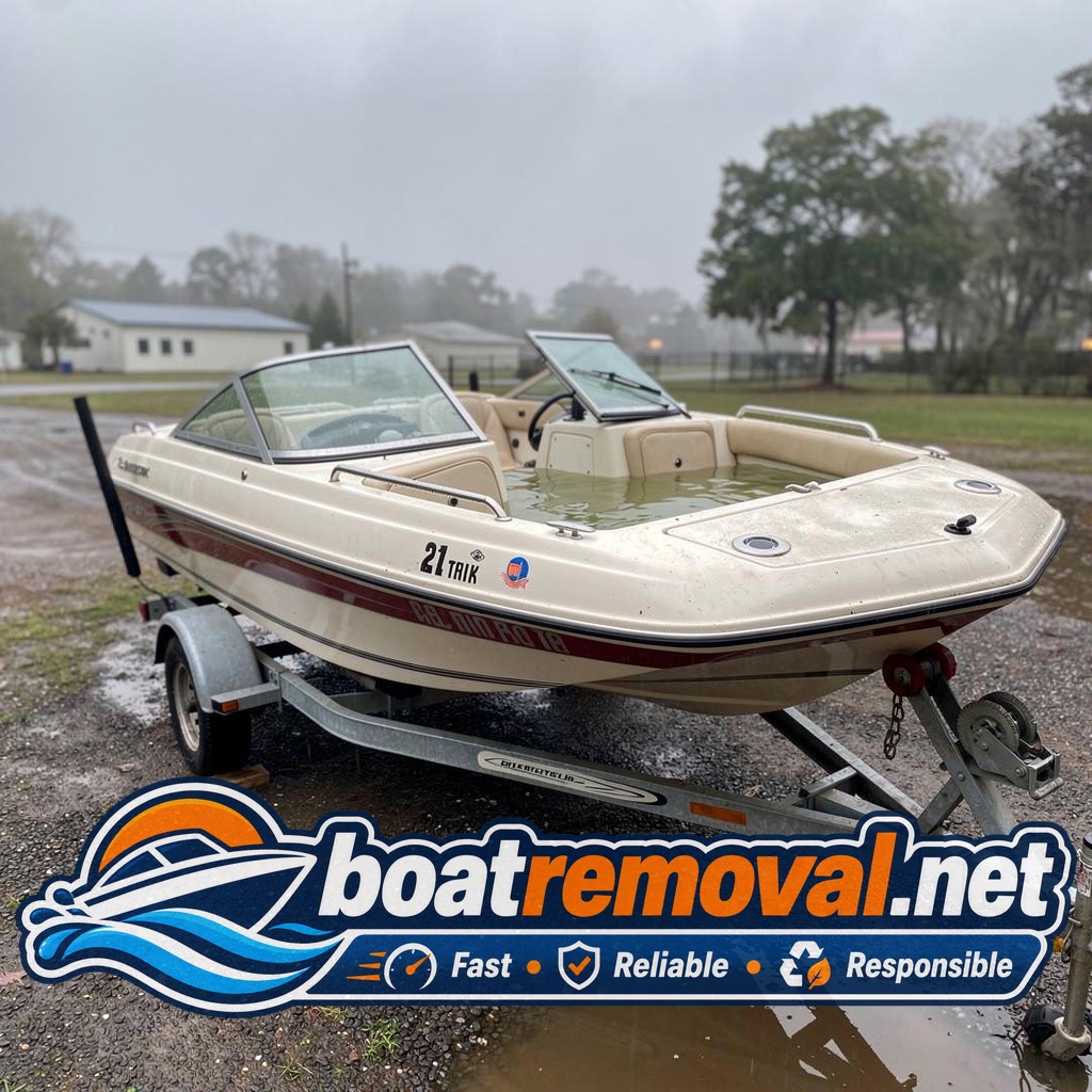 storm damaged boat removal Conway SC, 21 ft Glastron bowrider half swamped on trailer