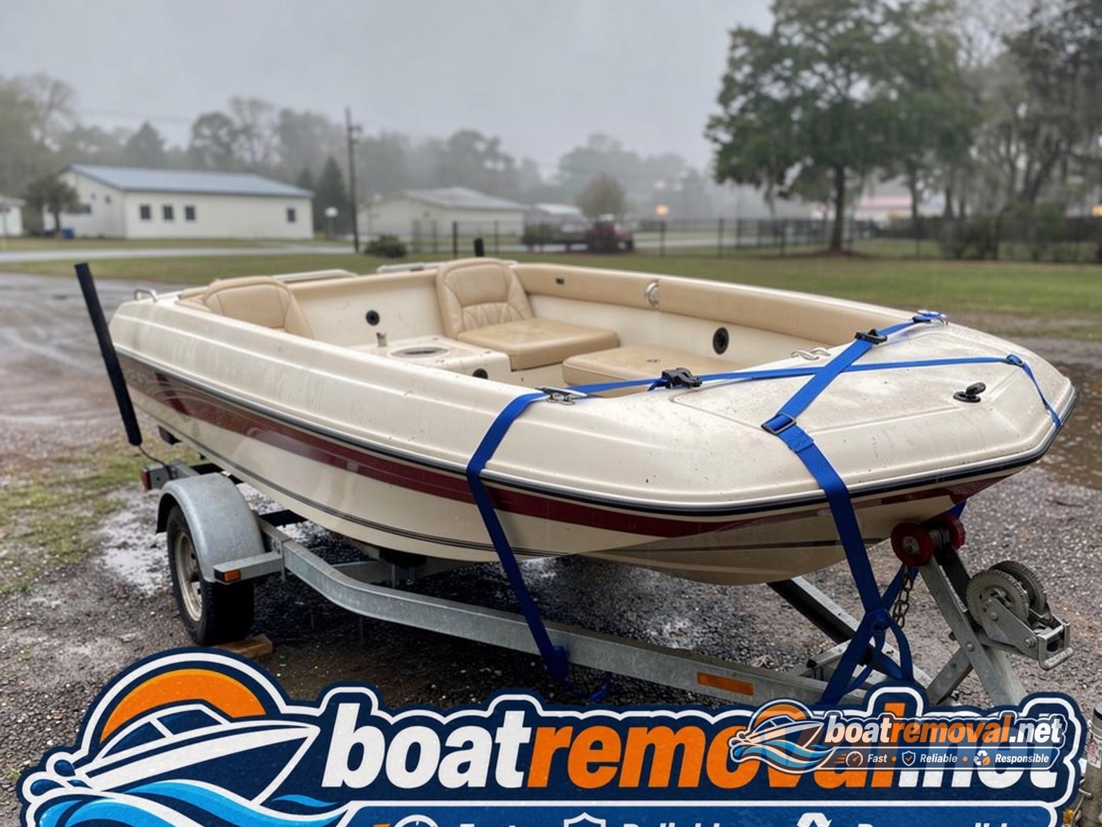 Conway, SC: 21 ft Glastron bowrider loaded for removal 21 ft Glastron bowrider loaded after storm recovery, Conway South Carolina