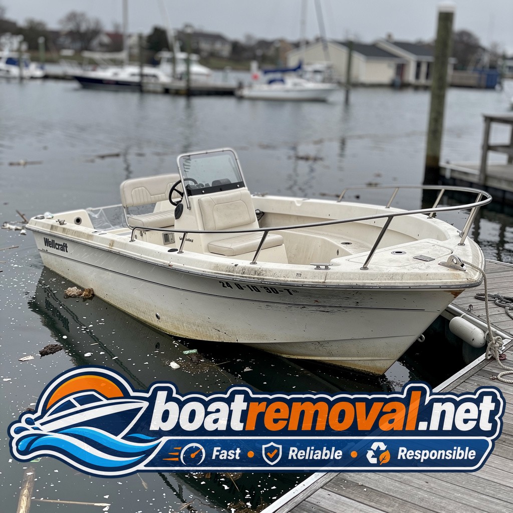 storm damaged boat removal Freeport NY, 24 ft Wellcraft center console half sunk