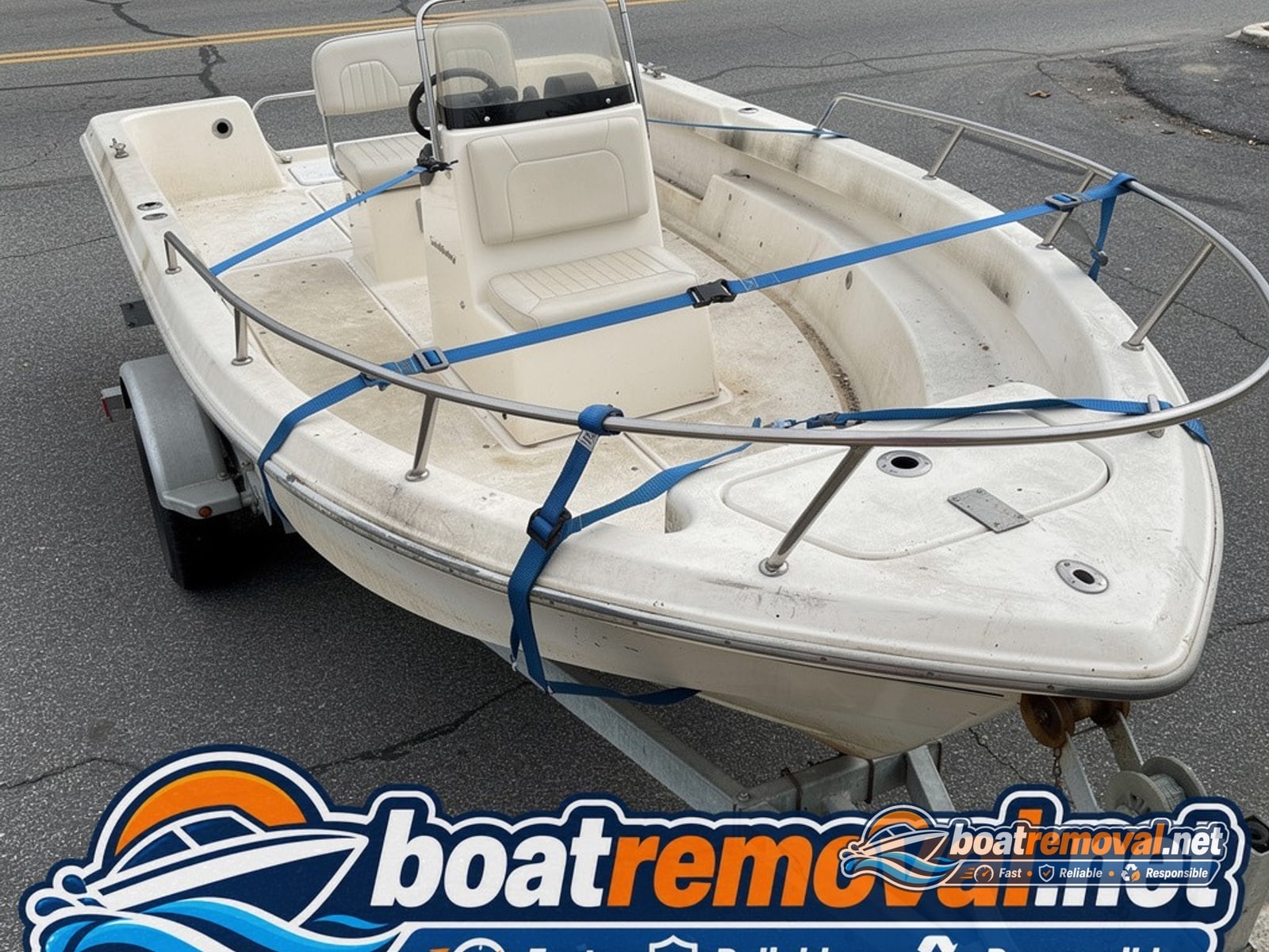 Freeport, NY: 24 ft Wellcraft center console loaded for removal 24 ft Wellcraft center console loaded after storm damage, Freeport New York