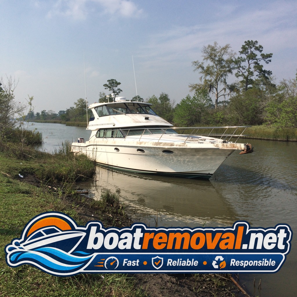 34-foot Carver motoryacht run aground against a canal bank near Houma, Louisiana