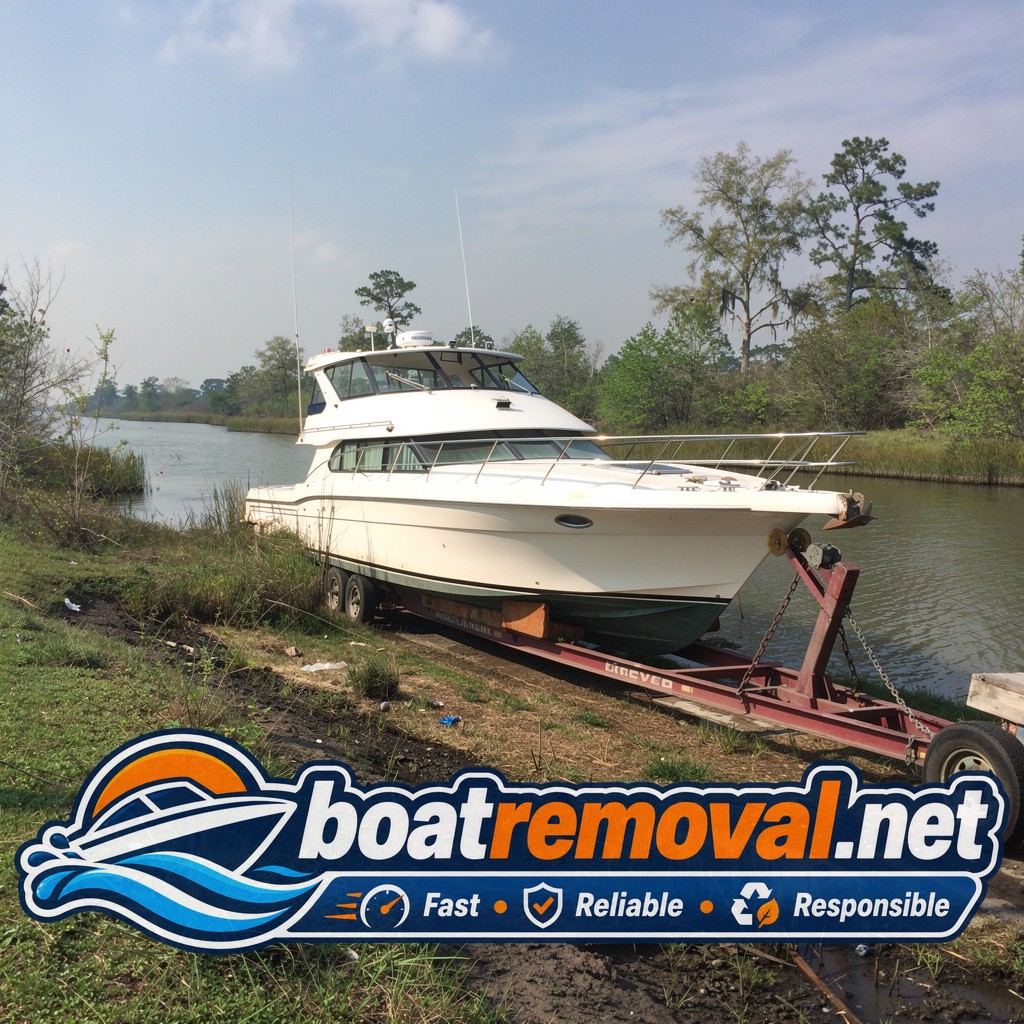 Carver motoryacht loaded onto a heavy trailer after storm damage removal near Houma, Louisiana