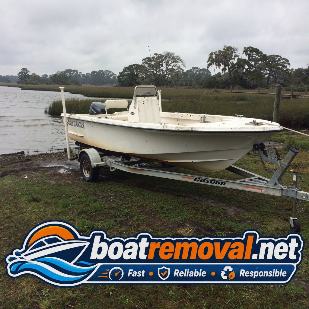 Mako center console loaded onto a trailer after storm removal near Midway, Georgia