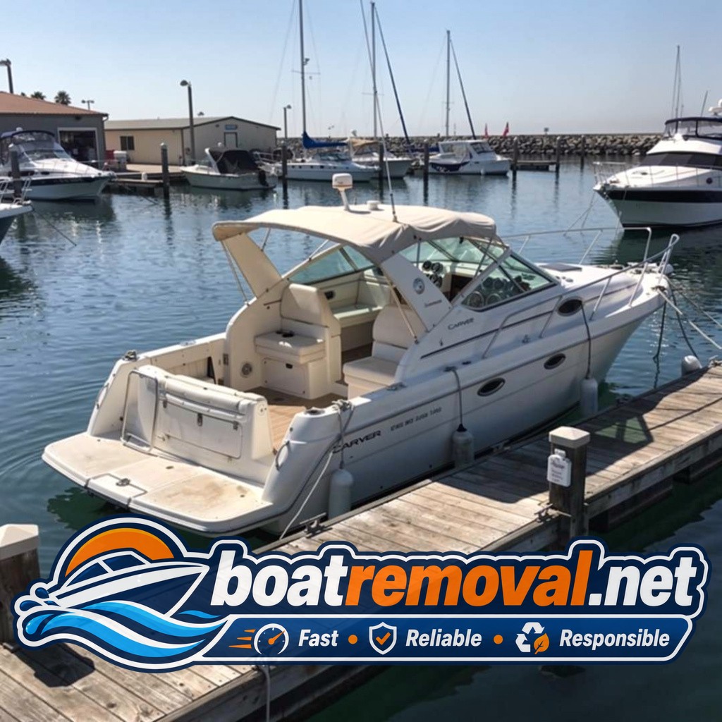 28-foot Carver cabin cruiser partially swamped and listing at a marina dock in Port Hueneme, California