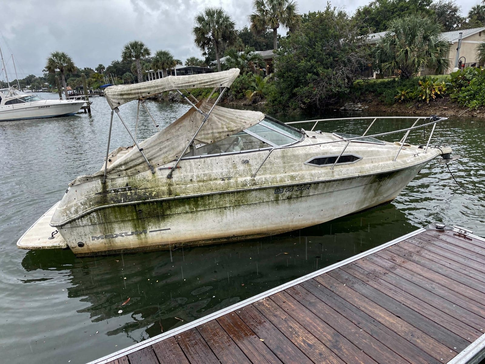 Sunken boat recovery in Fuller Heights, FL: before Sunken 24 ft Maxum 2400 SCR at a lake dock in Fuller Heights, FL