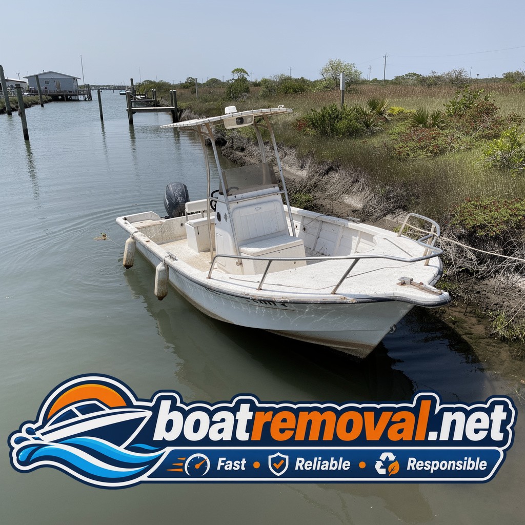 19-foot Wellcraft center console partially submerged in a coastal canal near Bayou La Batre, Alabama