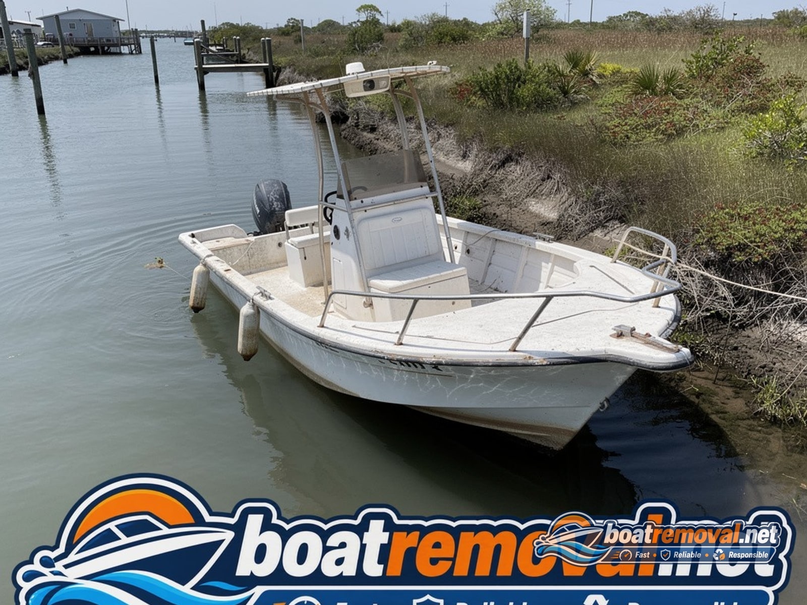19-foot Wellcraft center console partially submerged in a coastal canal near Bayou La Batre, Alabama