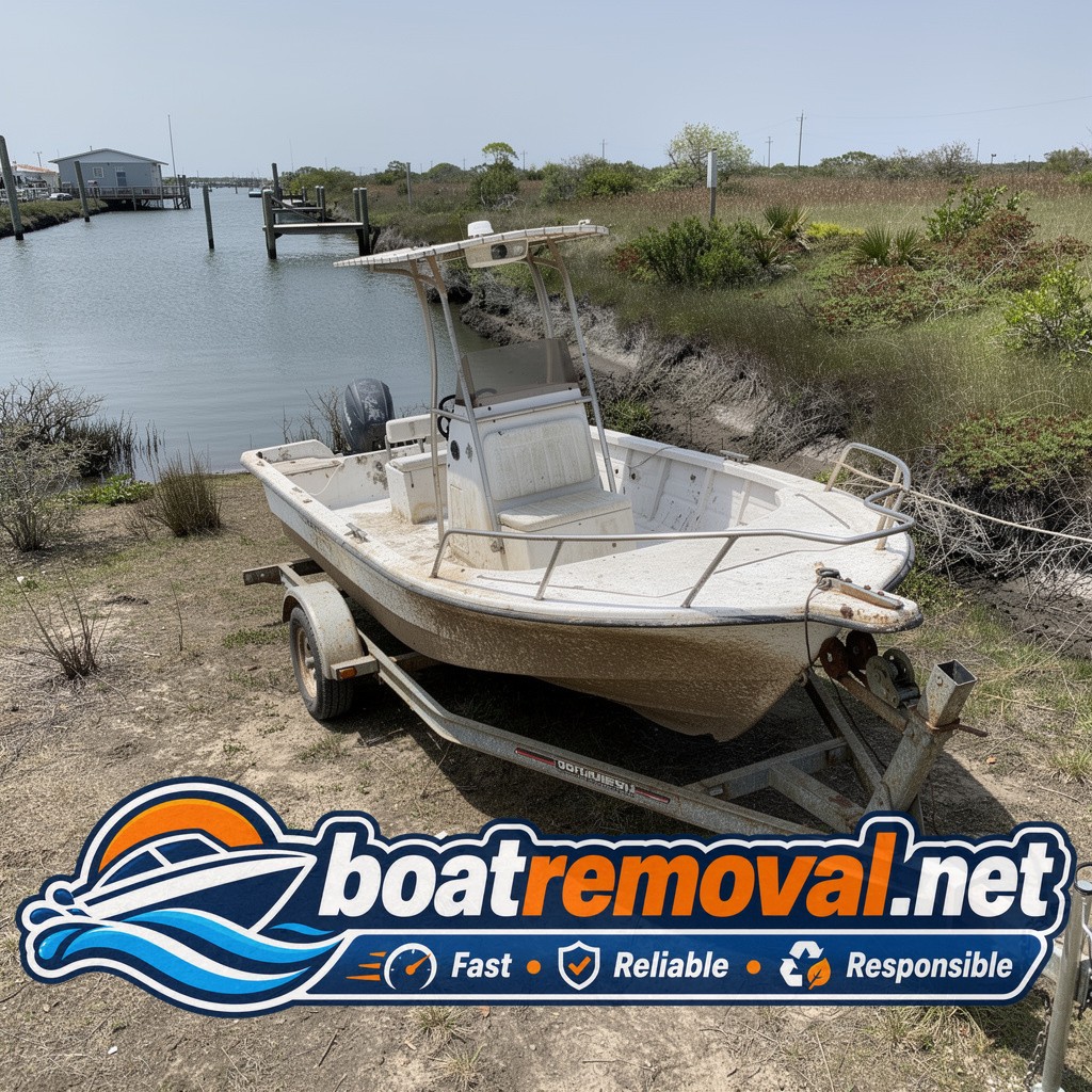 Wellcraft center console loaded onto a trailer after being pulled from a canal near Bayou La Batre