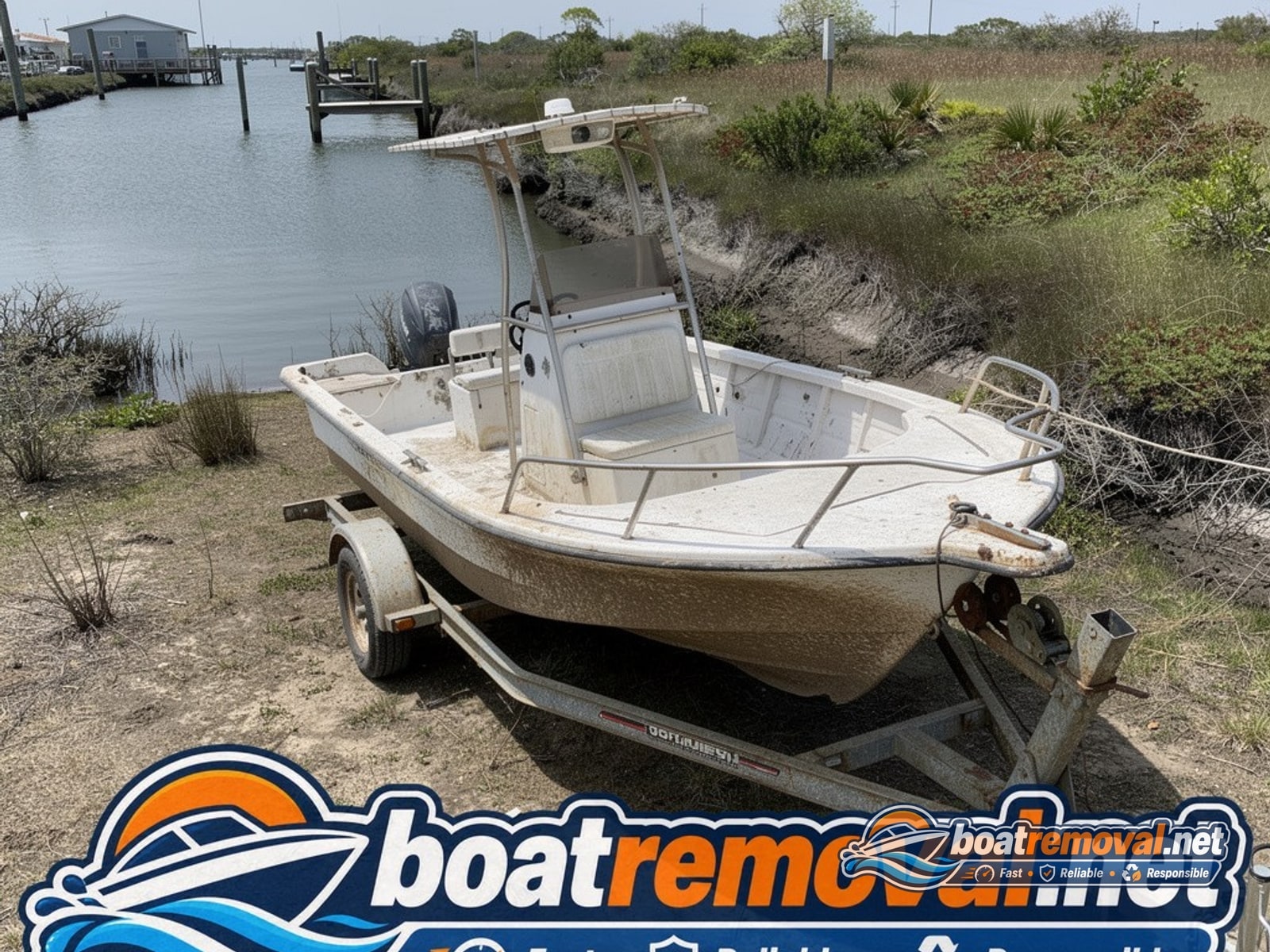 Bayou La Batre, AL: 19-foot Wellcraft center console loaded for removal Wellcraft center console loaded onto a trailer after being pulled from a canal near Bayou La Batre