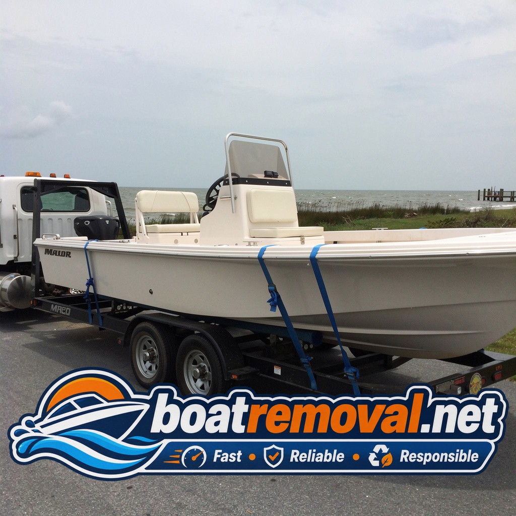 Mako center console loaded onto a trailer after being pulled from a canal near Berlin, Maryland