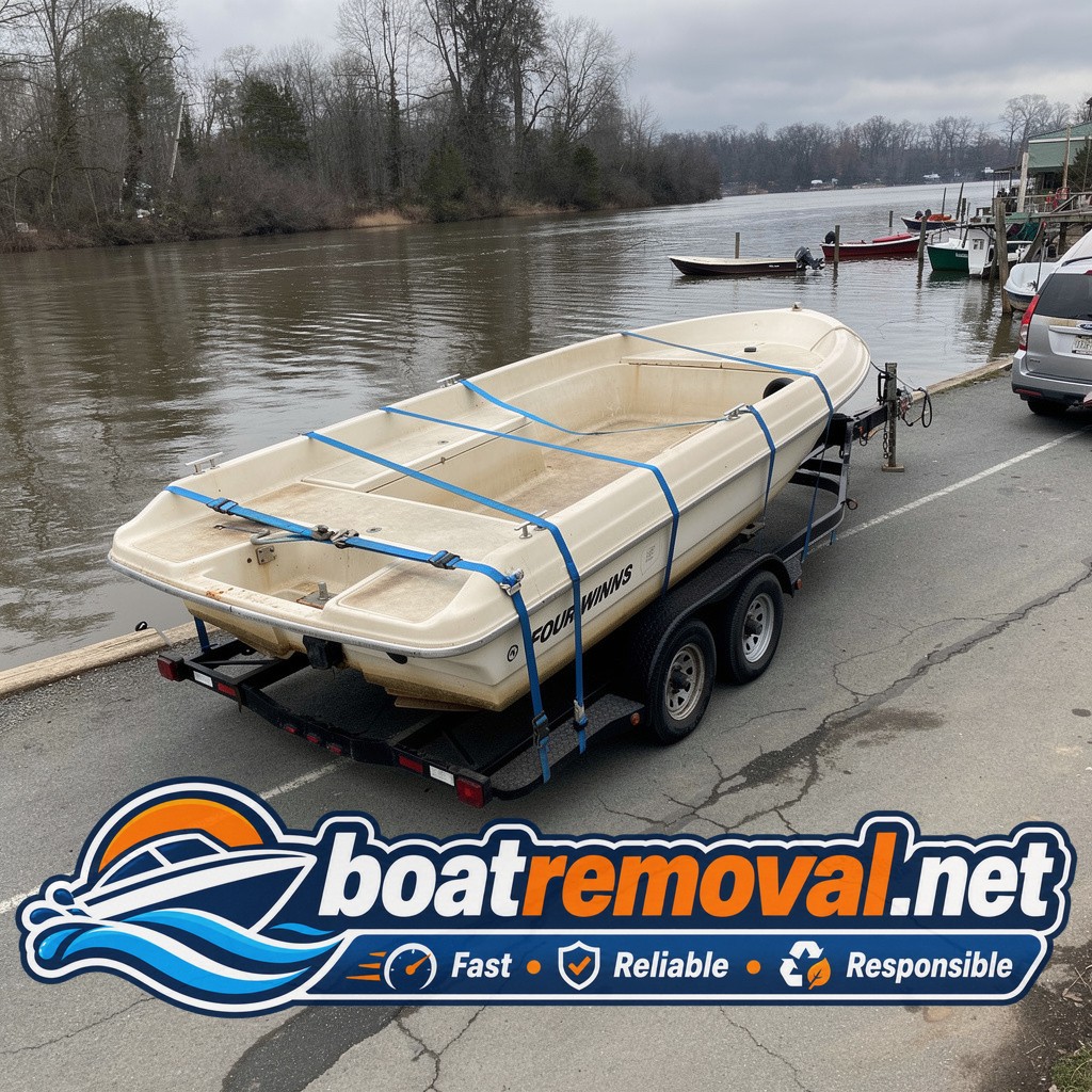 Four Winns boat loaded onto a trailer after being pulled from the Delaware River near Claymont