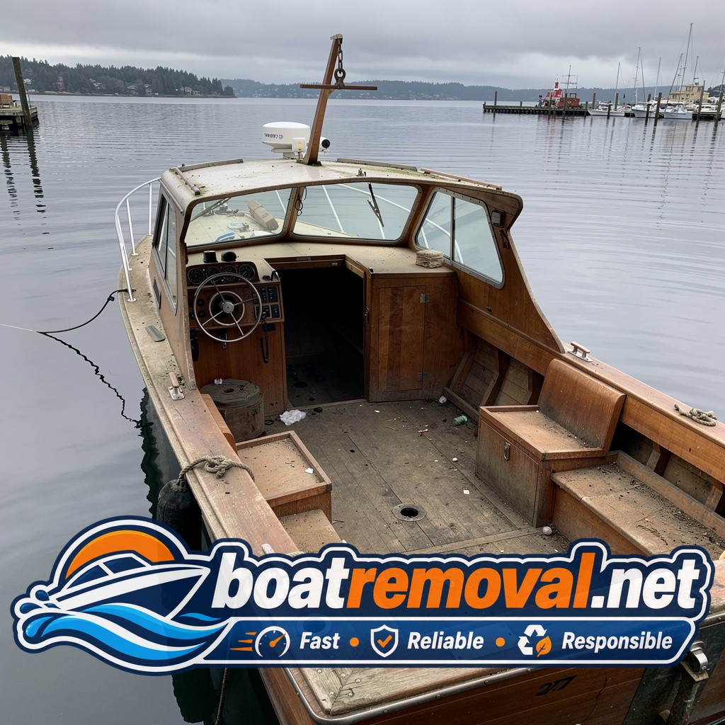sunken boat removal Coos Bay OR, 27 ft wood hull cabin cruiser partially submerged
