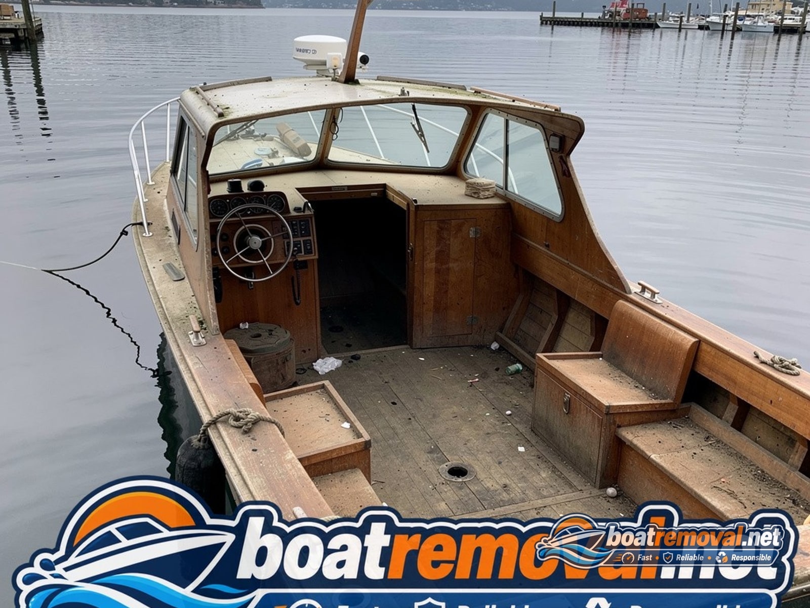 sunken boat removal Coos Bay OR, 27 ft wood hull cabin cruiser partially submerged
