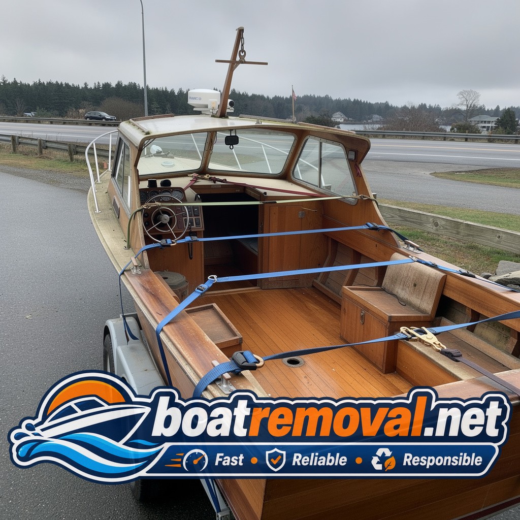 27 ft wood hull cabin cruiser loaded after storm recovery, Coos Bay Oregon