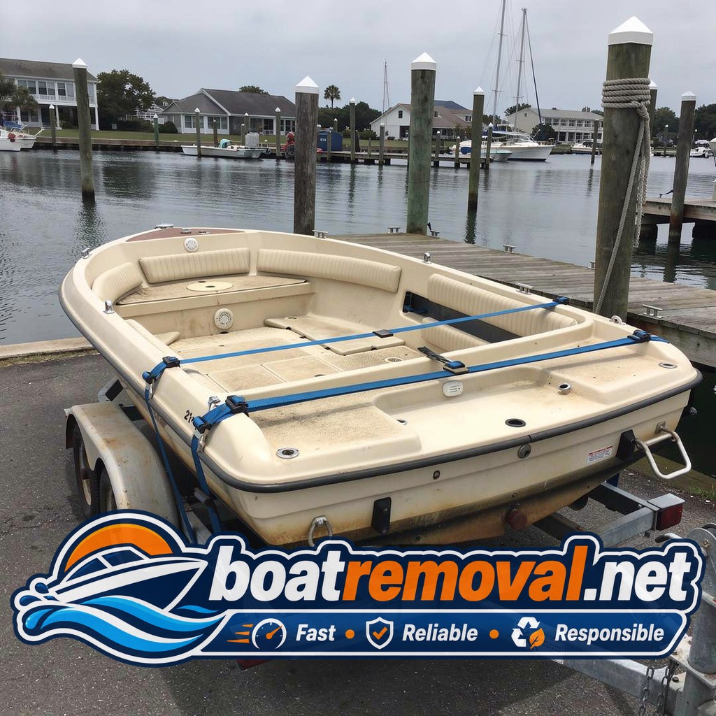 21 ft Glastron runabout loaded after storm recovery, Southport North Carolina