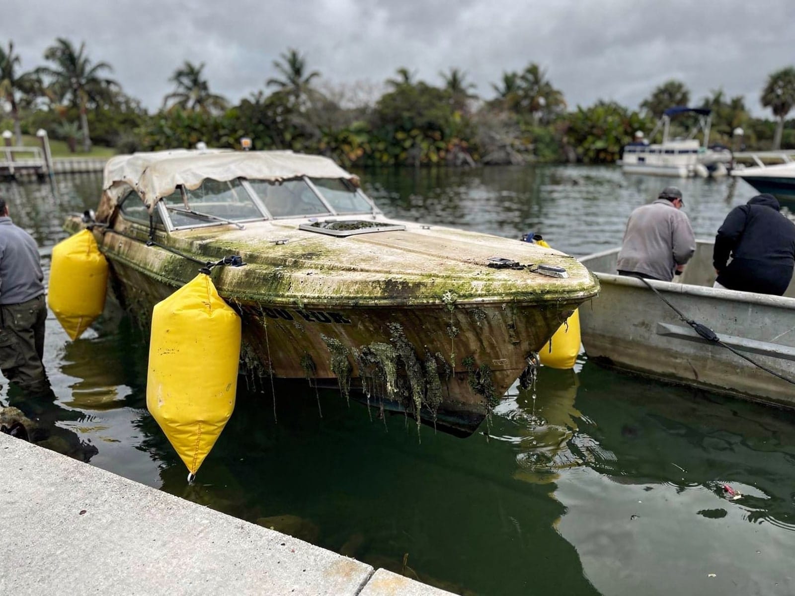 Sunken boat recovery in Tallahassee, FL: raised with lift bags 22 ft Larson 220 raised by lift bags in Tallahassee, FL