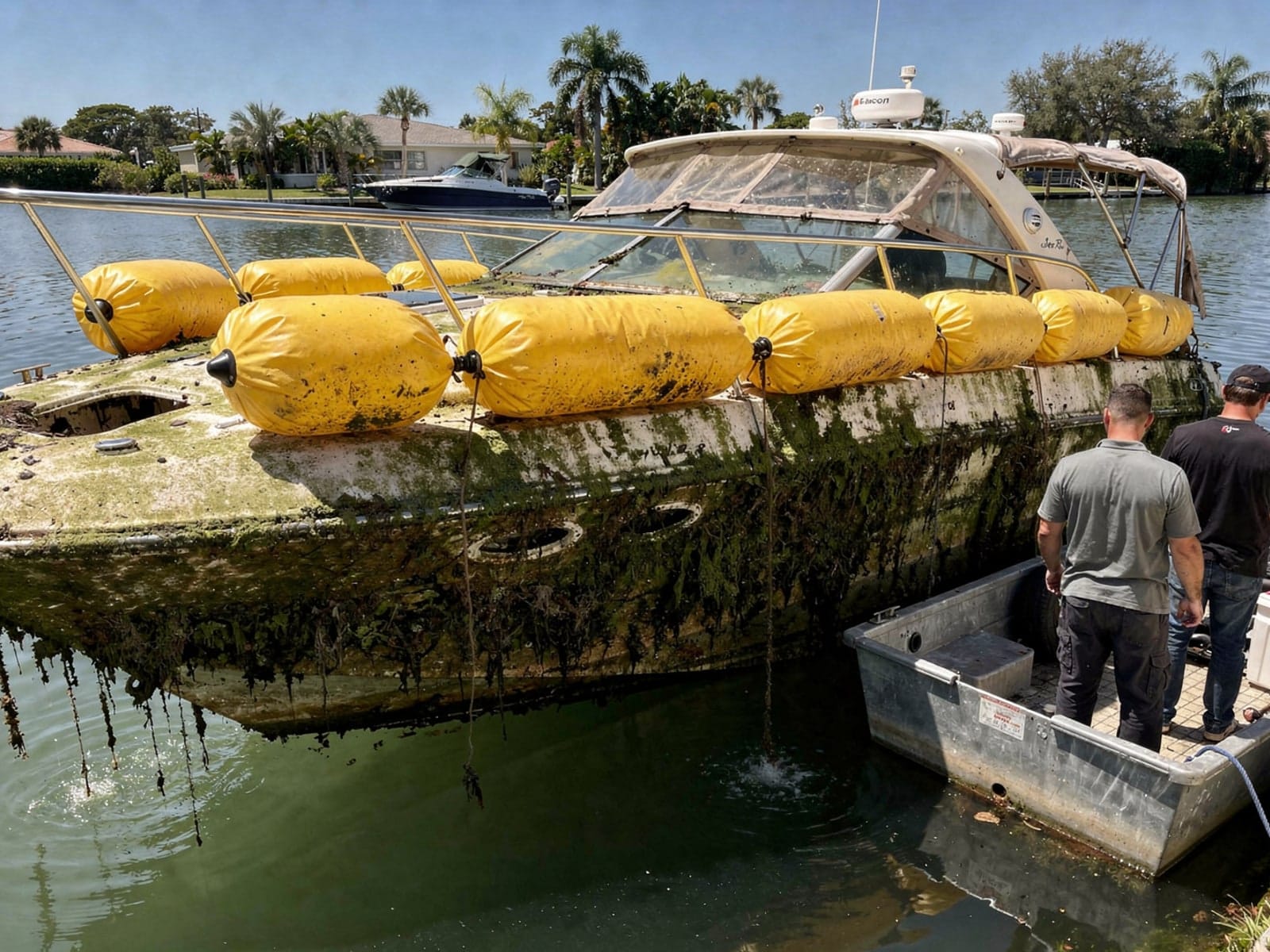 Sunken boat recovery in West Palm Beach, FL: raised with lift bags 26 ft Sea Ray 268 Sundancer raised by lift bags in West Palm Beach, FL