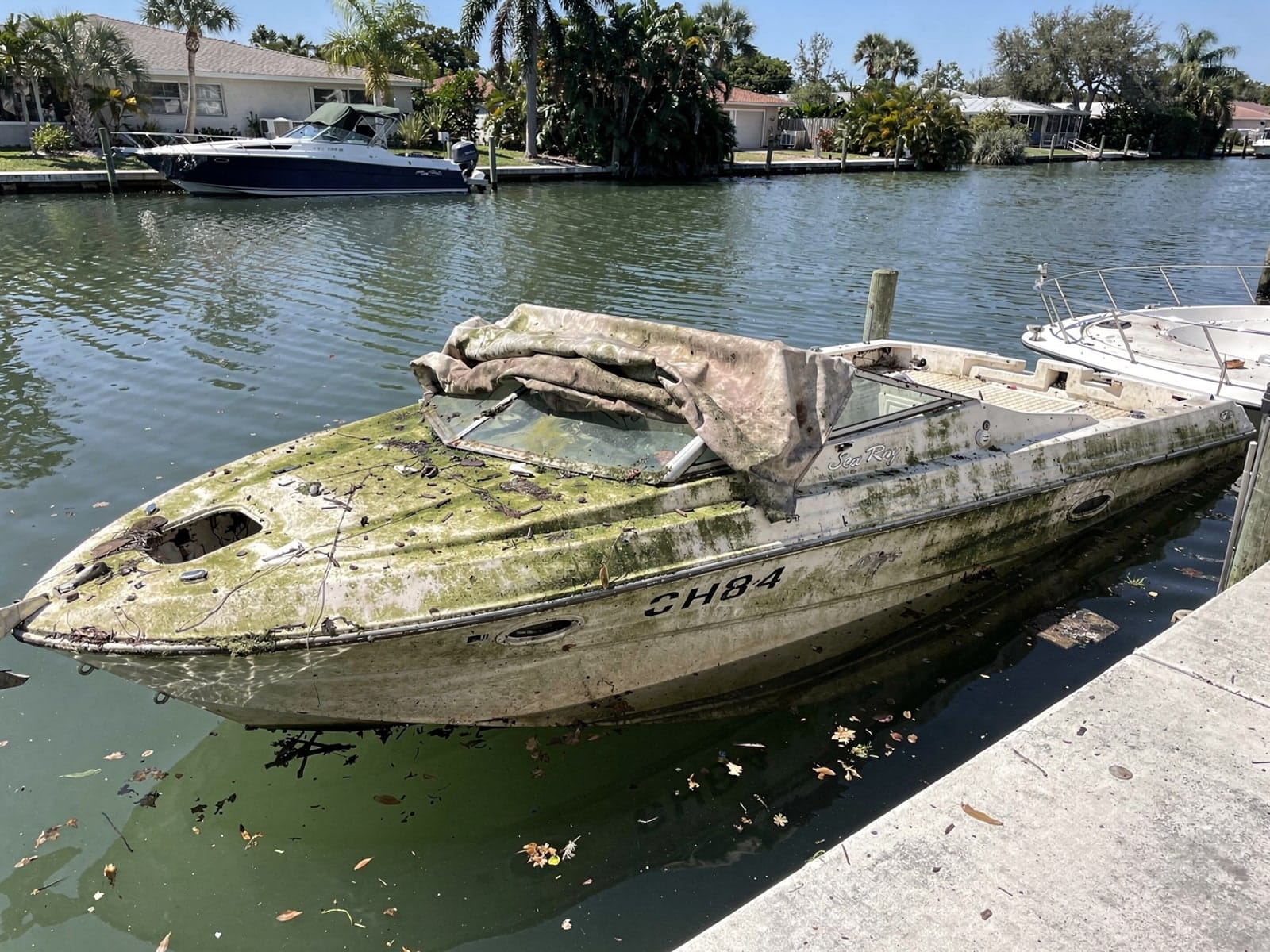 Sunken 26 ft Sea Ray 268 Sundancer in a canal by the seawall in West Palm Beach, FL