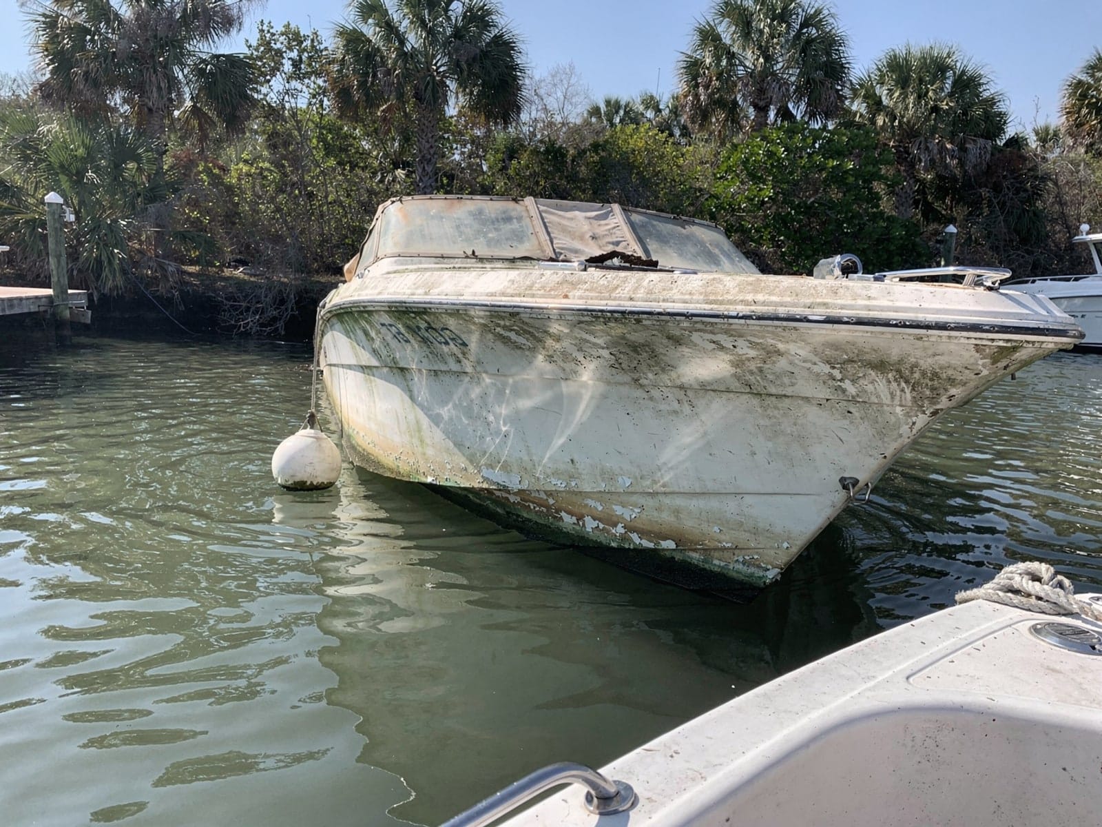 Sunken boat recovery in Bellair Meadowbrook Terrace, FL: before Sunken 26 ft Sea Ray 268 Sundancer at its mooring in Bellair Meadowbrook Terrace, FL