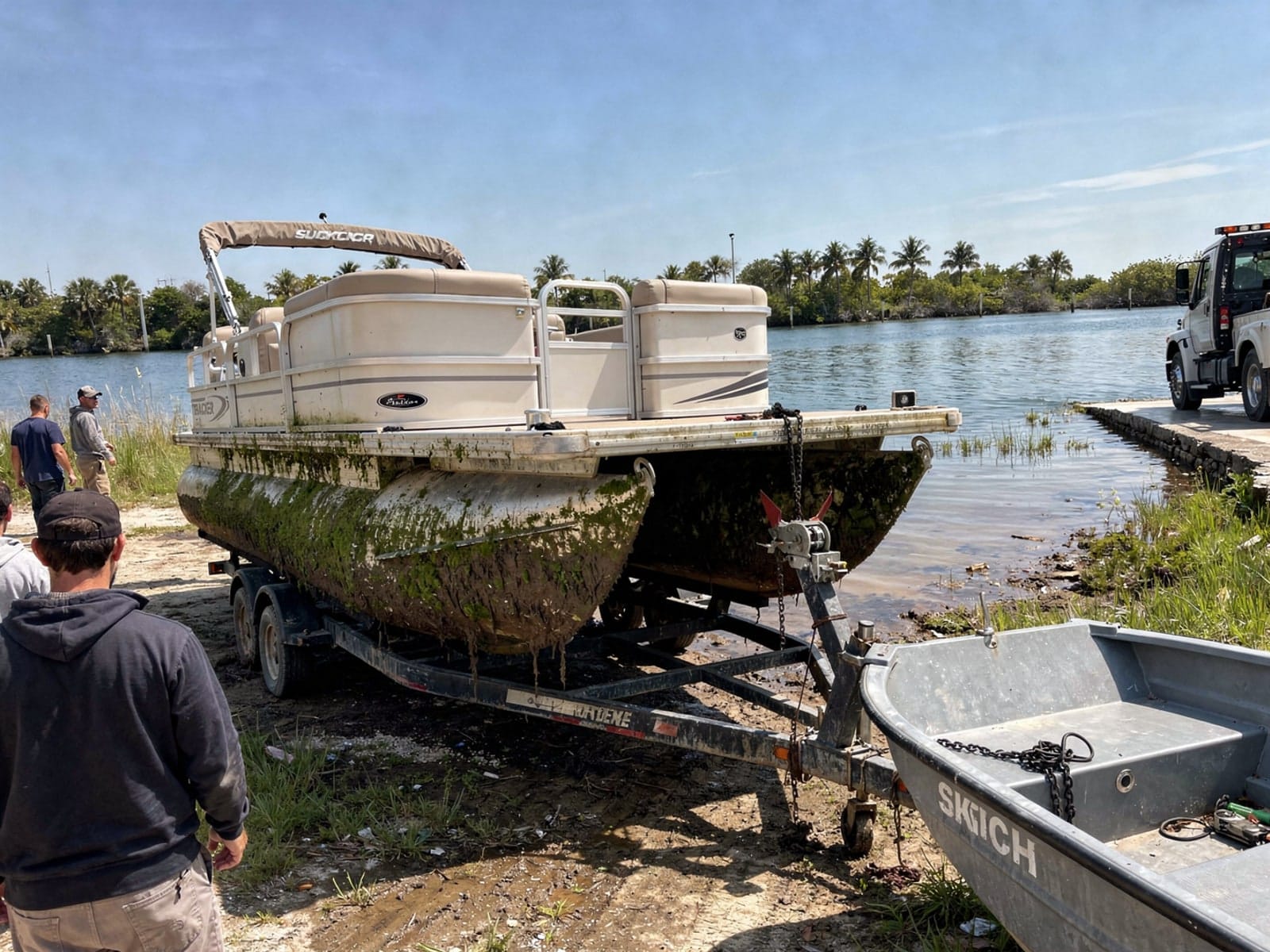 Sunken boat recovery in Edgewater, FL: pulled out at the ramp 22 ft Sun Tracker Party Barge 22 pulled out on a trailer at a Edgewater, FL boat ramp