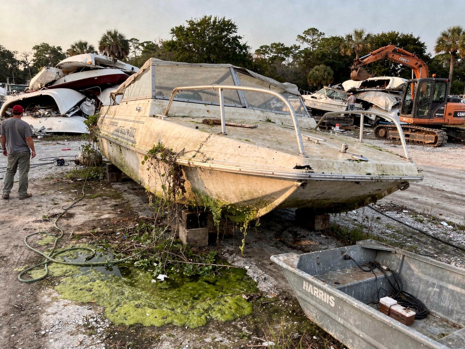 24 ft Harris FloteBote 24 from Fish Hawk, FL at the recycling yard after the recovery