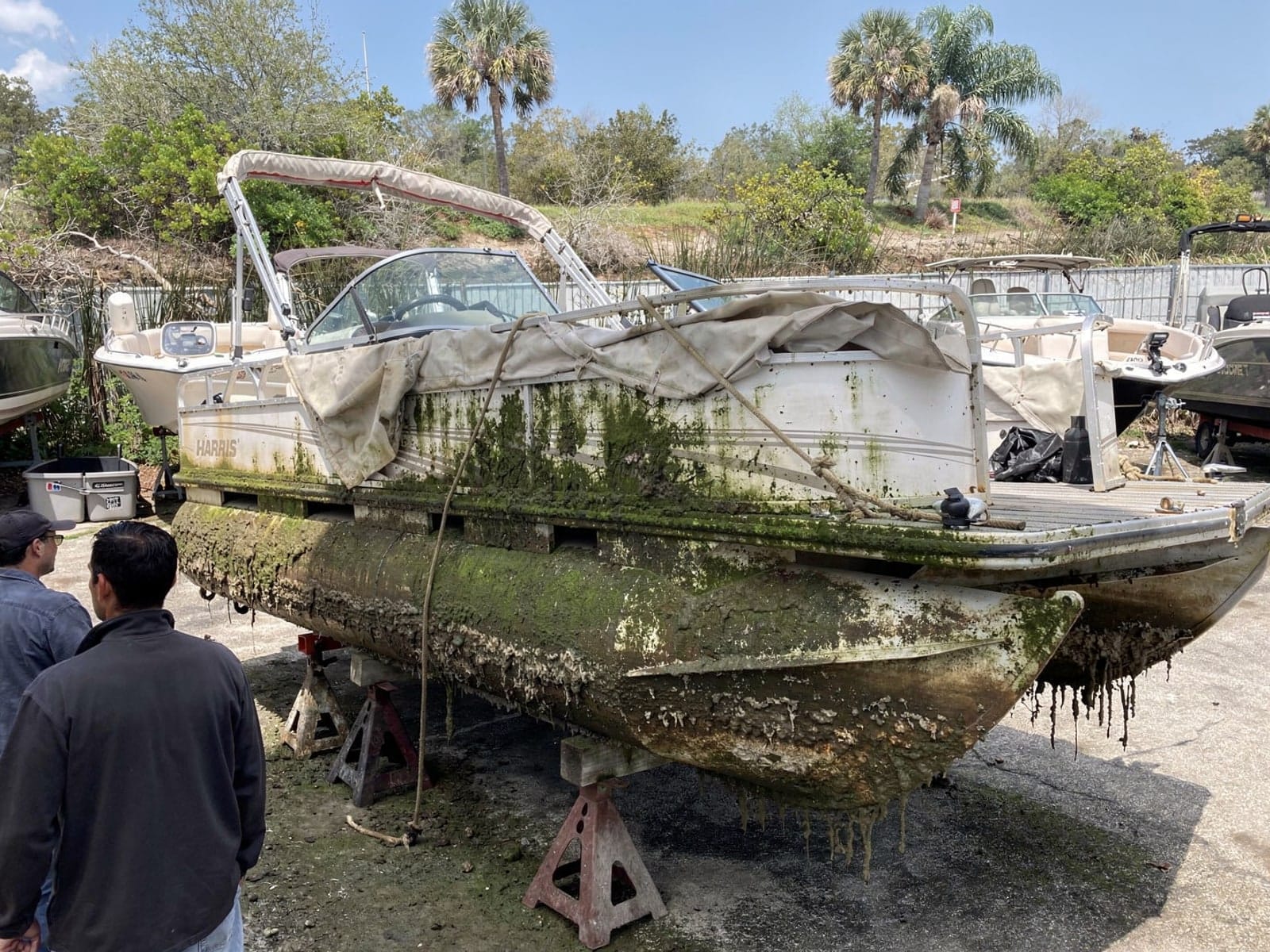 Sunken boat recovery in Fort Myers, FL: at the repair yard 24 ft Harris FloteBote 24 from Fort Myers, FL on stands at a repair yard after the recovery