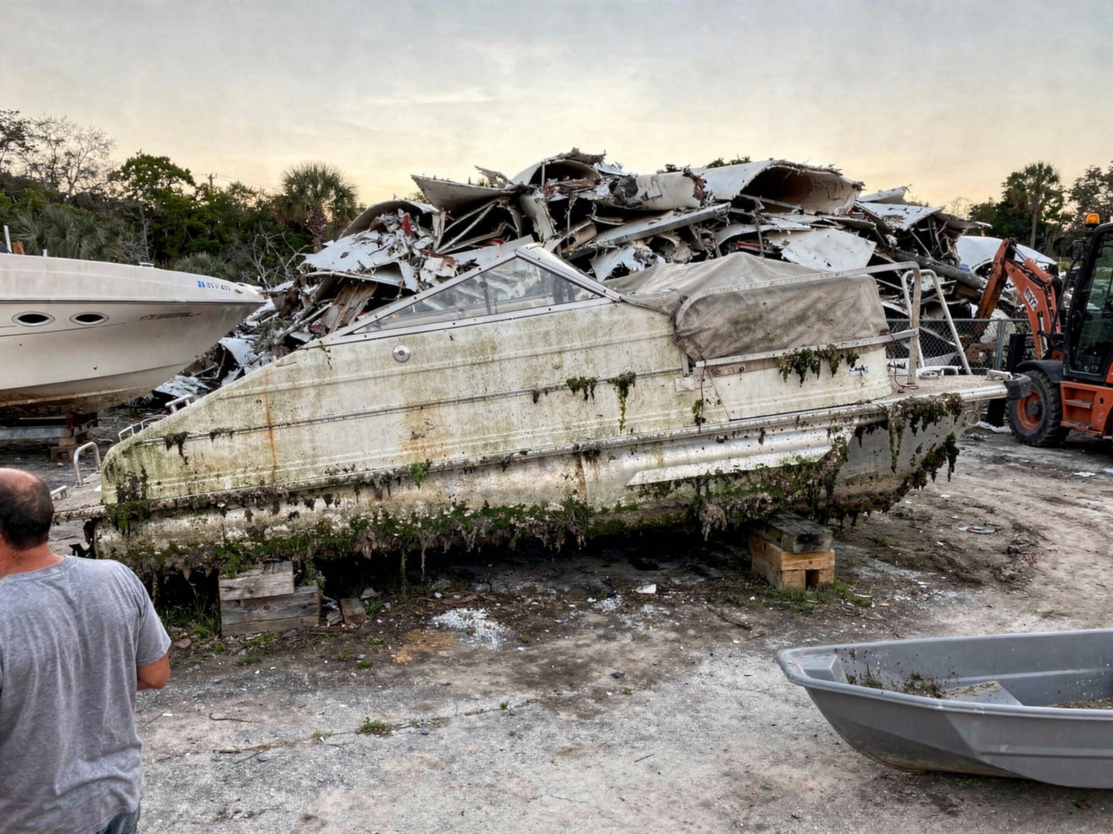 24 ft Harris FloteBote 24 from Jupiter, FL at the recycling yard after the recovery
