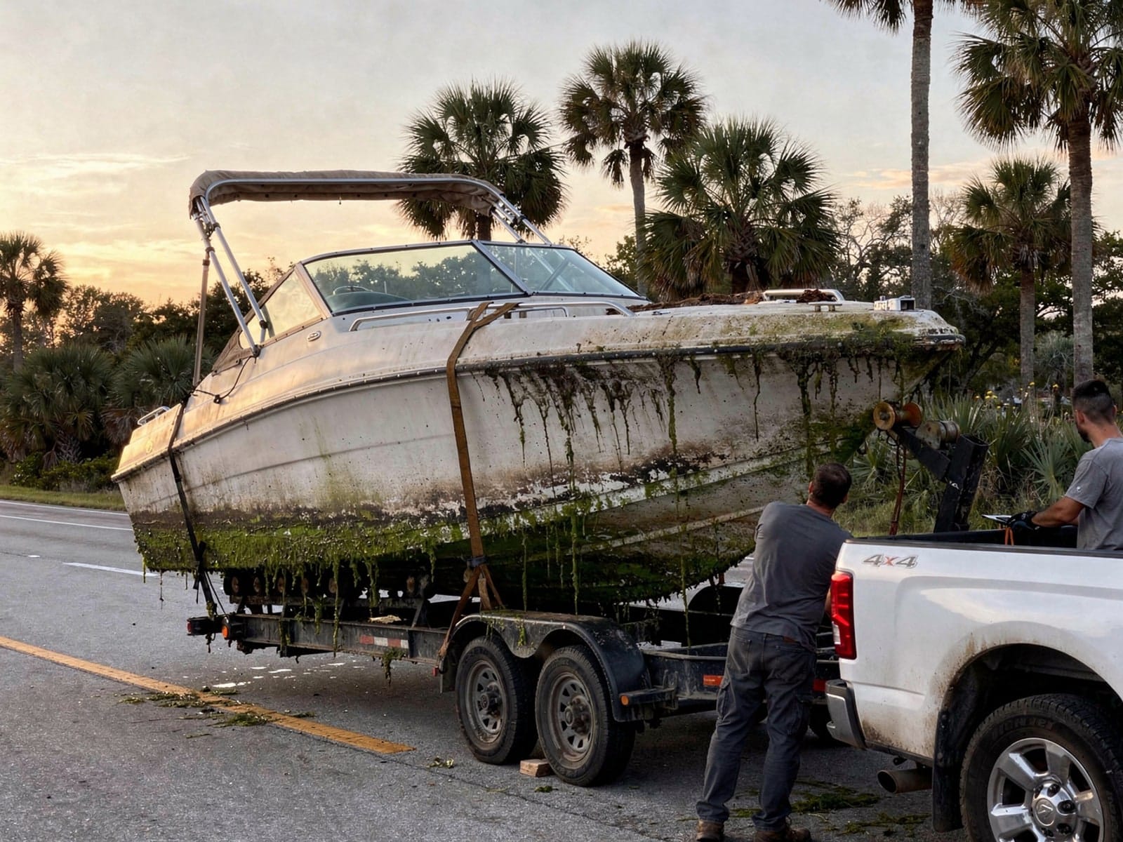 24 ft Formula 242 hauled out of Lakeland Highlands, FL on a trailer after the recovery