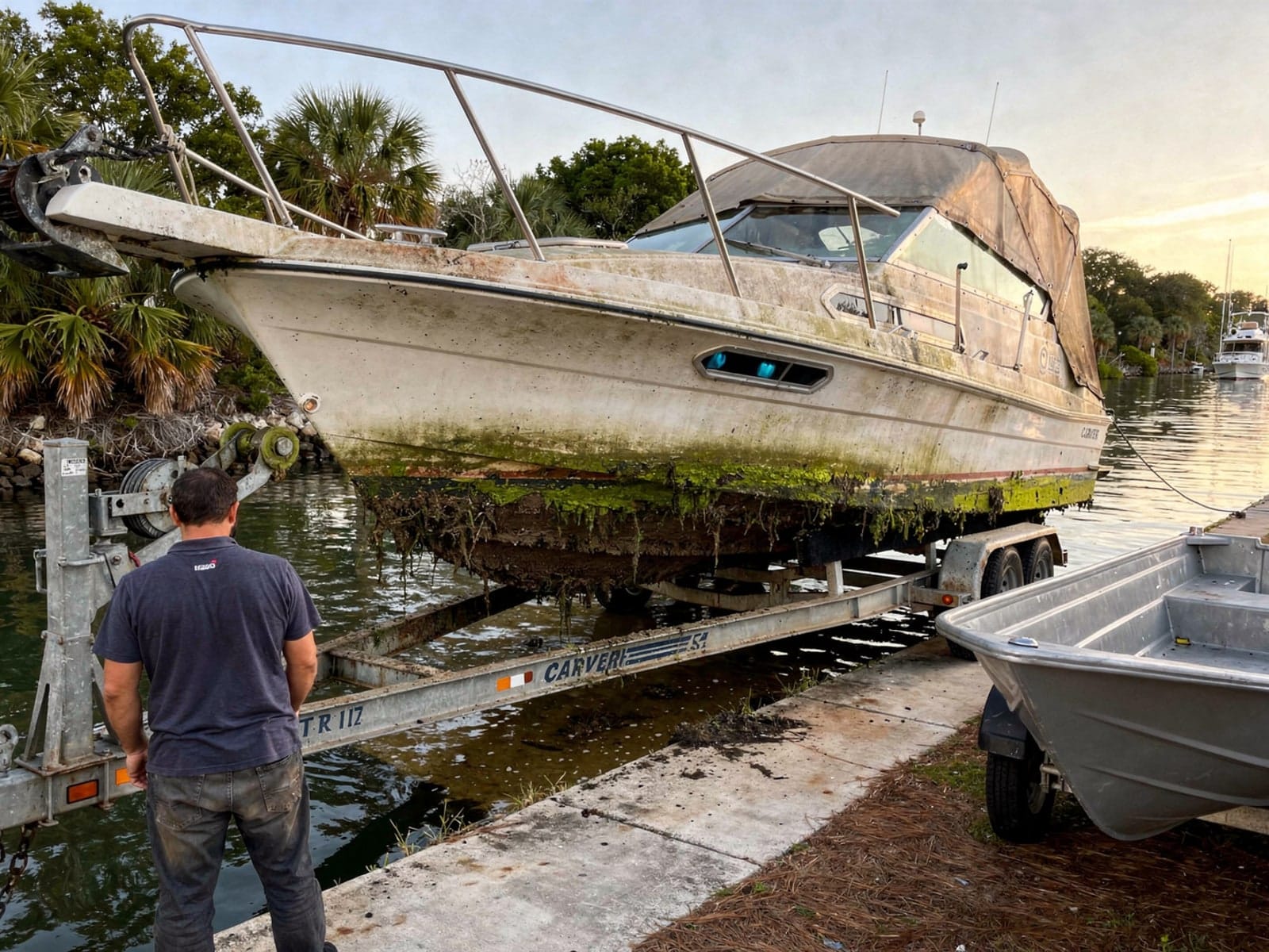 28 ft Carver 28 pulled out on a trailer at a Oakleaf Plantation, FL boat ramp