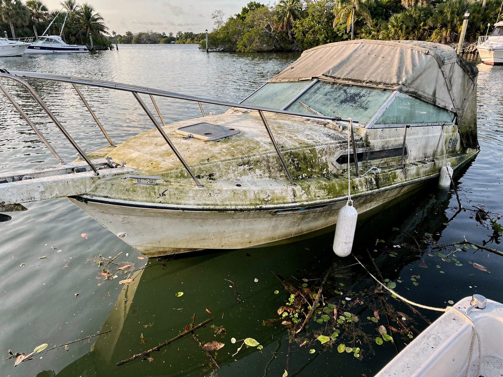 Sunken boat recovery in Oakleaf Plantation, FL: before Sunken 28 ft Carver 28 at its mooring in Oakleaf Plantation, FL