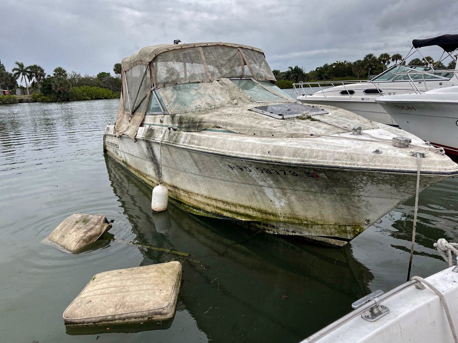 Sunken boat recovery in Palm River Clair Mel, FL: before Sunken 24 ft Bayliner 2455 Ciera at its mooring in Palm River Clair Mel, FL