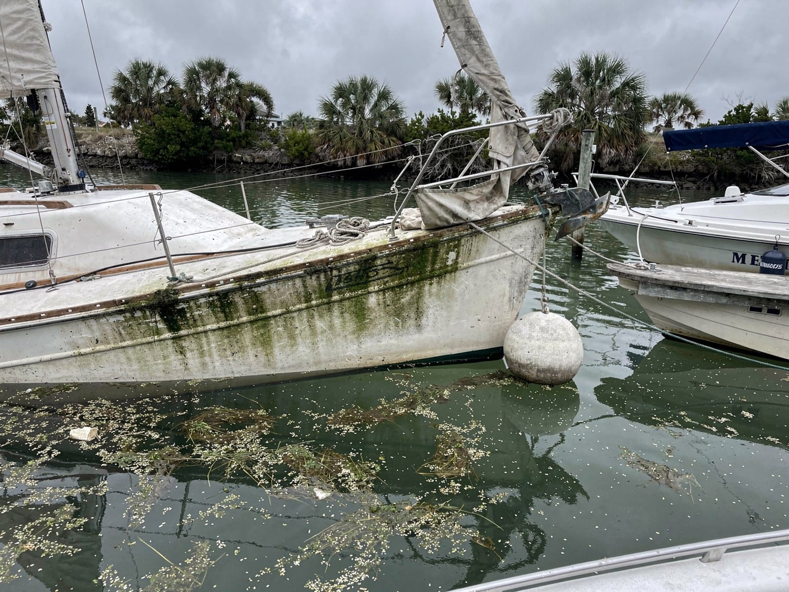 Sunken boat recovery in Florida Ridge, FL: before Sunken 27 ft Catalina 27 at its mooring in Florida Ridge, FL