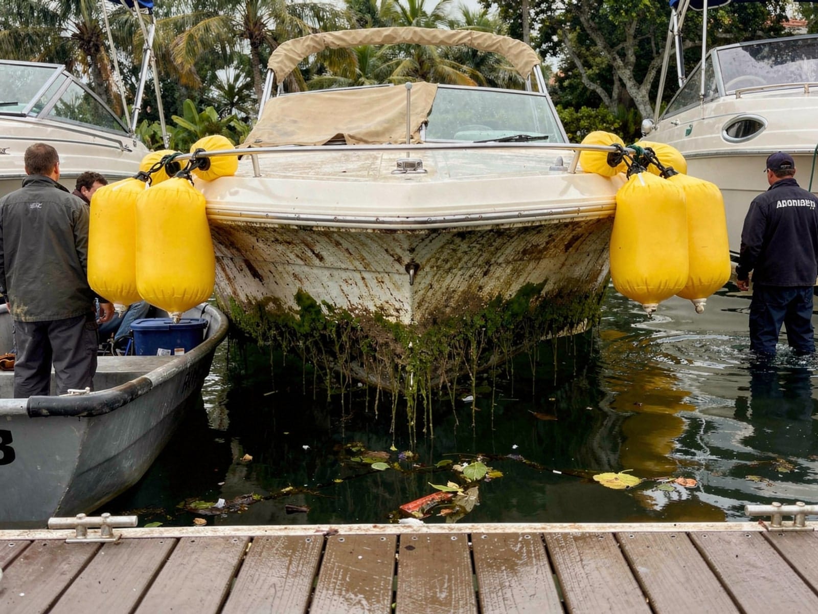 Sunken boat recovery in Golden Glades, FL: raised with lift bags 23 ft Rinker 232 raised by lift bags in Golden Glades, FL