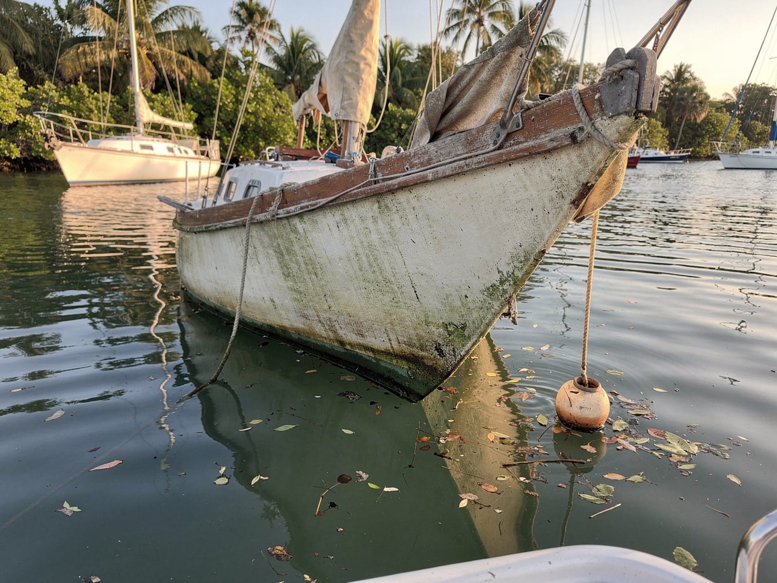 Sunken boat recovery in Miami Gardens, FL: before Sunken 26 ft Pearson 26 at its mooring in Miami Gardens, FL